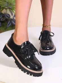 Women's Black Platform Chunky Heel Loafers, Thick Sole British Style French Leather Lace-Up Casual Shoes
