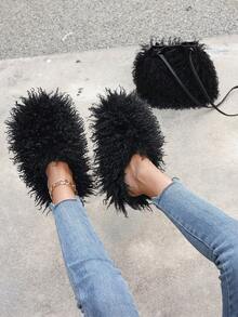 Women's Autumn/Winter Bohemian Cute Faux Fur Slip-On Slippers Combo Set - Black - View 5