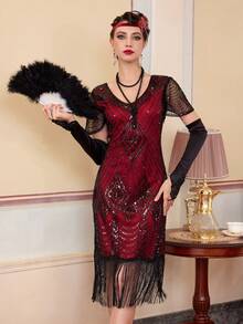 Flapper Dresses 1920s, Great Gatsby Dresses Roaring 20s For Women, Sheer Beaded Sleeves Costume - Red - View 4