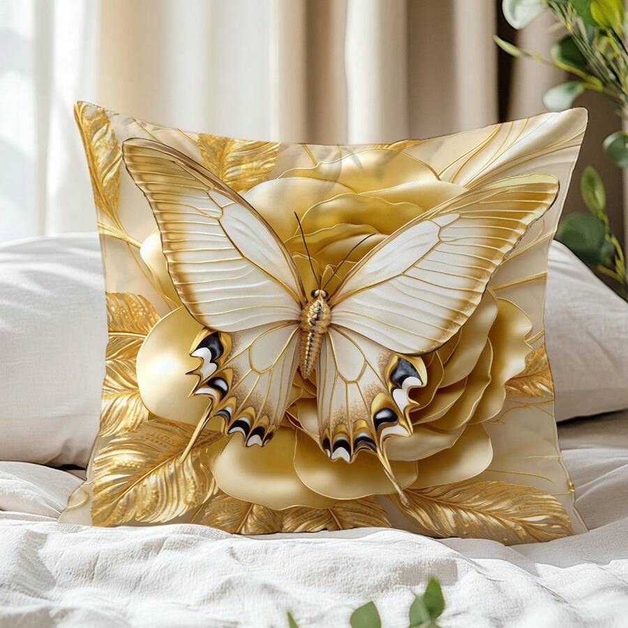 1pc 3D Gold Butterfly & Floral Pattern Cushion Cover (Flat Printed Design), Single-Sided Skin-Friendly Peach Velvet Material, 45*45CM Pillow Cover Suitable For Indoor Decoration, Party Decor, Decorative Cushion Gift - Multicolor - View 1