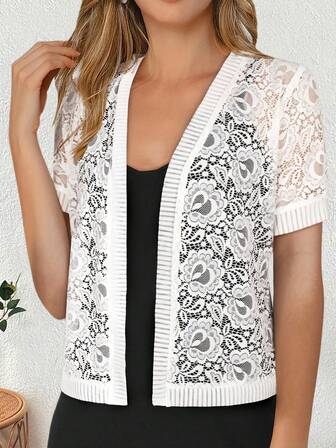 Yukiwi 女式夏季纯色蕾丝拼布休闲前开短袖外套，适合节日派对服装