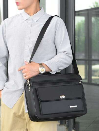 1 pieza Maletín con múltiples compartimentos de gran capacidad de moda para hombres, bolso de hombro negro clásico para portátil de negocios, obsequio de Día del Padre, útiles de oficina para volver al colegio