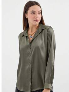 Lightweight Flowing Satin Shirt, Solid Color, Elegant Casual, Button Front - Khaki - View 3