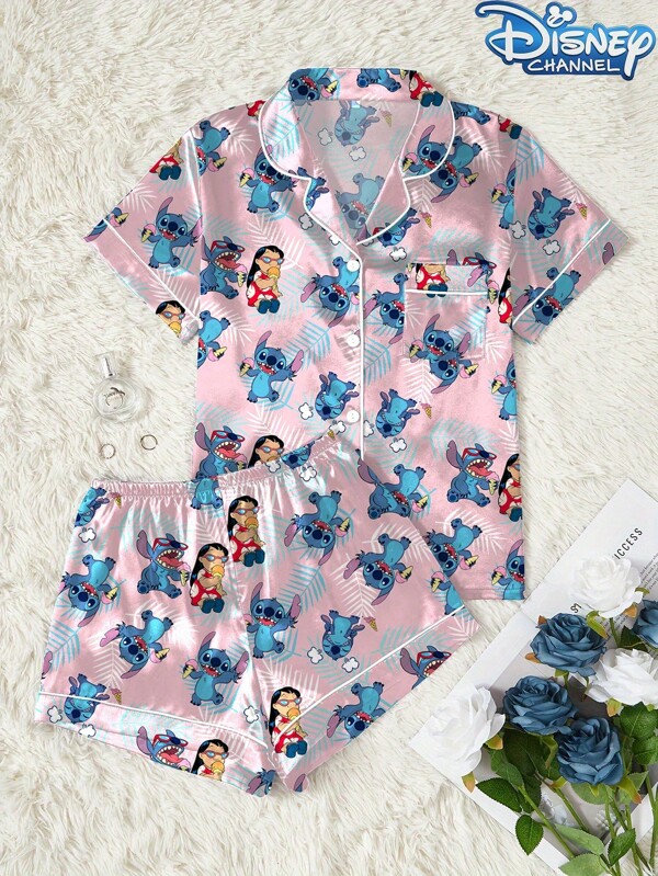 Disney Conjunto de pijama para niña bebé con estampado de dibujos animados de Disney, blusa de manga corta con botones y pantalones cortos