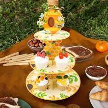 4 Stücke 3-stufiger Cupcake-Ständer im Bienenmotiv - lebendiges Gelb und Grün Design mit Wabenmuster und Blumenmuster, ideal für Baby-Shower, Hochzeit, Geburtstagsparty Dekoration, Bienen Dekor