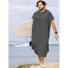 1pc Surf Poncho Changing Robe With Hood | Absorbent Quick Dry Microfiber Wetsuit Changing Towel With Pocket For Surfing Men Women Back To School - Grey - View 3