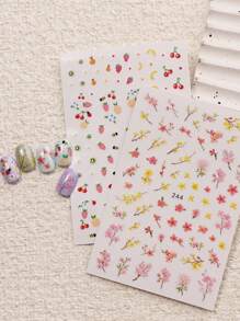Set de 4 calcomanías de manicura con pequeñas flores, frutas y diseños en estilo de dibujos animados para el verano - incluye frutas exquisitas, pequeñas flores, flores silvestres y diseños, con acabados mate 3D, temas de verano, dibujos animados y minimalistas, fácil de aplicar para decoración de uñas, manualidades, regalos festivos, insumos de maquillaje y decoración de bodas