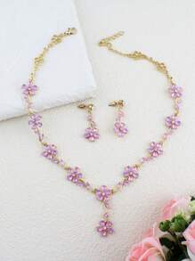 Conjunto de collar y aretes de joyería con flores de margarita moradas, adecuado para mujeres en primavera y verano