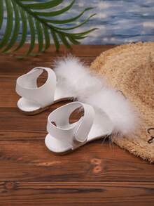 1 Pair Fashion Fur Decor Girls Casual Flat Sandals, Suitable For 3-15 Years Old Kids To Wear Indoors, Outdoors, Vacation, Beach, Parties - White - View 4