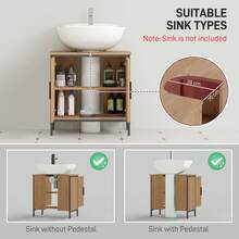 HOMCOM Under Sink Bathroom Cabinet, Industrial Freestanding Under Sink Cabinet With 2 Doors, Adjustable Shelf And Steel Frame For Basin Without Or With Pedestal, Oak - 棕色 - 查看 4