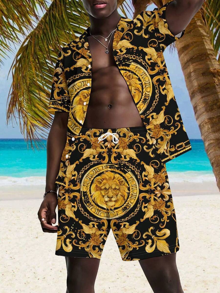 2 peças/Conjunto Estilo Casual de Férias Plus Size Roupa de Verão Masculina, Camisa de Manga Curta e Shorts Conjunto de Praia com Estampa Digital Exclusiva - Multicolorido - Visão 1