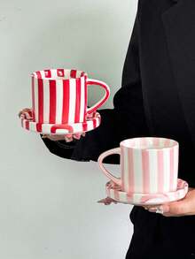 1pc Ceramic Mug & Saucer Set, Minimalist Vertical Stripe Pattern Coffee Cup, Design High Aesthetic Value Mug, Medium Size Coffee/Tea Cup, Suitable For Photography, Gift, Birthday - 彩色 - 查看 2