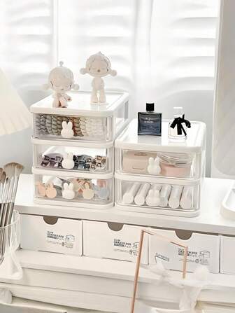 带兔子手柄的多层透明塑料办公桌收纳盒 - 大容量抽屉式整理器，适用于书籍、笔、办公用品和小配件 - 白色、办公桌收纳盒、塑料储物抽屉箱、小抽屉式办公桌收纳盒、抽屉、塑料可堆叠抽屉，适用于家庭、办公室，女士收纳整理器，旅行必需品，返校宿舍收纳