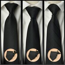 3 Peças/Conjunto Gravata Formal Preta com Listras Diagonais e Zíper, Conjunto de Gravatas para Negócios
