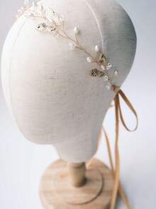 1pc Metal 3D Butterfly & Faux Pearl Beaded Headband Decoration, Suitable For Weddings, Parties & Daily Wear Valentine's Day Accessories - Gold - View 3