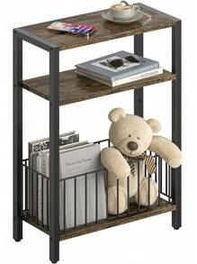 Narrow Side Table With Storage Basket, Small End Table For Small Spaces Skinny Side Tables Living Room Bedroom, Slim Nightstand 3 Tier Bedside Table Space-Saving For Magazine, Rustic Brown