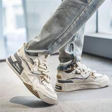 男士 PU 皮革厚底运动鞋，时尚休闲运动乐福鞋，系带白色男鞋 - 白色 - 查看 4