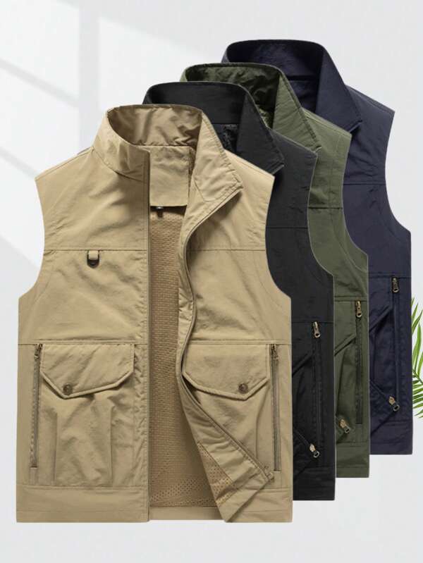Men's Summer Zipper Multi-Pocket Casual Fishing/Outdoor Vest, Solid Color, Sleeveless