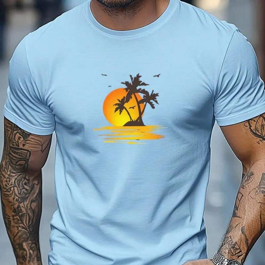 Men's T-Shirt Casual Fashion Cotton Shirt Imported Premium Mesh - 淺藍色 - 查看 1