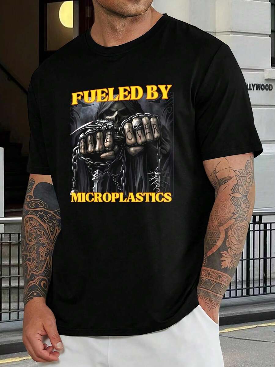 Camiseta de la Parca de Microplasticos - Camiseta Ecologica con Grafico de Calavera para Hombres, Mujeres y Adolescentes - Estilo Casual, Camiseta de Conciencia Ambiental - Negro - Ver 1