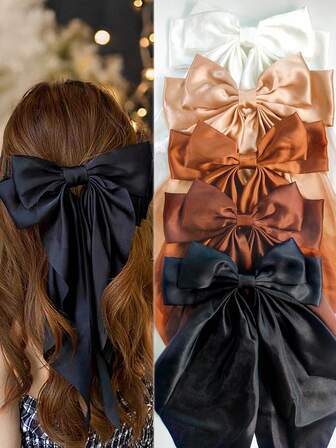 5件装女士发饰缎面蝴蝶结发夹，大号蝴蝶发夹，可爱优雅金属蝴蝶发夹，中性色，学习用品