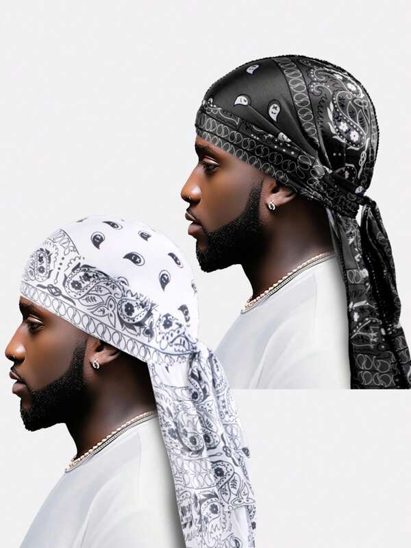 2pcs Men's Printed Faux Silk Pirate Hat With Ties, Bandana Cap, Hair Care Cap, Suitable For Everyday Use