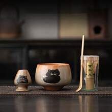 1 pieza Juego de accesorios de matcha japonés de cerámica con: batidor de matcha en forma de gato, tazón de matcha vertical, cuchara de matcha. Fabricado a mano con alta resistencia a la temperatura, durable y fácil de limpiar. Adecuado como regalo para vacaciones, cumpleaños, para usar en el hogar, al aire libre u oficina, vuelta al colegio