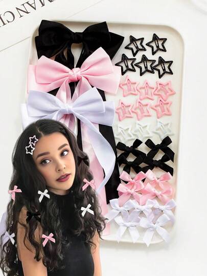 27pcs/Set Fashionable Bow And Star Hair Accessories Set, Including Star BB Clips, Different Sizes Of Bow Hair Clips In Classic Black, Sweet Pink, And Pure White - Suitable For Girls And Women, Perfect For Y2K Daily Outfit, Must-Have For Fashion Leader, School Stuff, Elegant, College, Winter Outfit For Women, Gifts, Bows, Cute