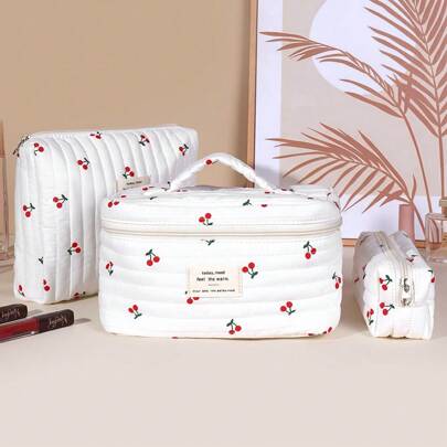 3Pcs Quilted Makeup Bag Set Floral Cosmetic Bag Aesthetic Toiletry Travel Organizer Bag Gift For Women Girls Valentines