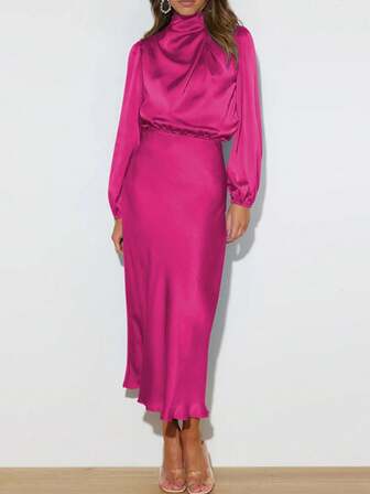 缎面高领褶皱不对称优雅晚礼服，适合婚礼派对、伴娘