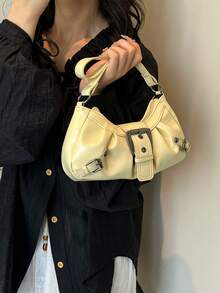1pc Women's Retro Motorcycle Style Rivet Decor Adjustable Shoulder Strap Tote Bag, Large Capacity Soft Ombre PU Leather Crossbody Bag, Suitable For Work, Commute, Date, Party, Yellow - Yellow - View 6
