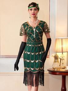 Vestido de fiesta con flecos y lentejuelas de estilo vintage de los años 20 - Verde - Ver 10