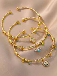 1PC Round Blue Zirconia Evil Eye Bangle For Women Men Open Gold Color Stainless Steel Evil Eye Bracelets Charm Thick Cuff Bangle Jewelry Gift