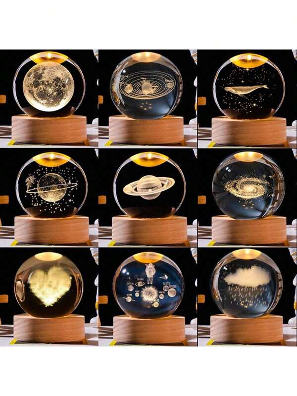 1 Pieza Bola de cristal con luz nocturna con estilo cósmico grabado con láser 3D (Diámetro de 2,36 pulgadas), grabado con Saturno, planetas, luna, sistema solar, Papá Noel/muñeco de nieve, con base de madera y luz LED, adecuado para sala de estar, dormitorio, tocador, decoraciones de escritorio, regalo de cumpleaños creativo para novia, compañeros de clase, esposa, niños, recuerdo de aniversario, decoración artística navideña