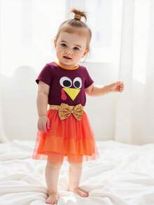 Toddler Girl Thanksgiving Outfit Turkey Print Round Neck Short Sleeve Tops With Tulle Mini A Line Skirt 2Pcs Set - Khaki - View 5