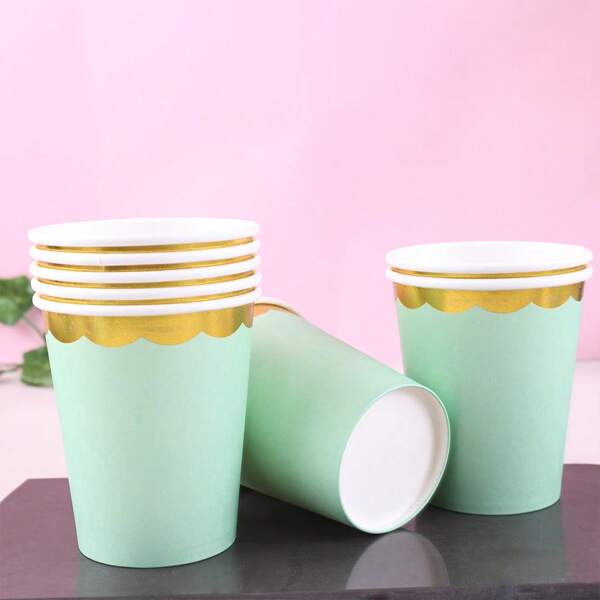 10pcs/20pcs/40pcs/Set, Mint Green Gold Rim Mug Disposable Coffee Cup Green Party Paper Tableware Wedding Festival Picnic Birthday Party Bridal Favor Coffee Beverage Tea 9 Oz