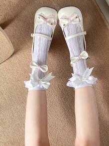 1 par de calcetines de seda satinada de estilo lolita blanca con volantes, lazo de cola de golondrina hueco en forma de corazón hasta la pantorrilla para mujer