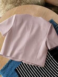 Women's Casual Resort Linen V-Neck Loose Short Sleeve Blazer, Spring/Summer - Pink - View 4