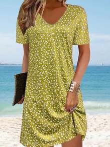 Vestido de gasa ligero con estampado de flores diminutas, elegante y casual para vacaciones y oficina para mujer, primavera/verano