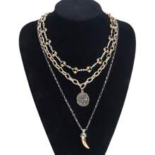 5pcs Multi-Layer Tooth-Shaped Pendant Necklace & Earrings Set, Fashion Engraved Medal And Ox Horn Pendant Metal Chain Necklace Earrings Set, Inlaid With Various Metal Pieces With Knotted Rope And Metal Chain Links, Suitable For Women Party, Daily Wear, Gift (Pendant Position Random)