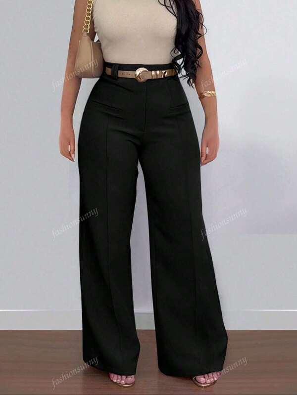 Pantalones largos de tiro alto para mujer talla grande, de unicolor, con diseño de pierna ancha y lápiz