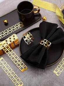 100/50pcs Creative Disposable 3D Square Round Napkin Ring, Party Decoration Napkin Ring Buckle, Gold Laser Cutting Pattern, Paper Imitation Metal Napkin Buckle, Suitable For Dinner, Wedding And Party, Kitchen Desktop Textile Supplies