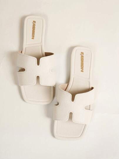 Modische flache Damensandalen, quadratische offene Zehe Schwarz Slip-On Sandalen, vielseitig einsetzbar Frühling/Sommer Neuheiten
