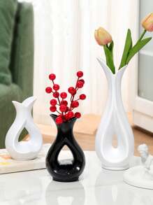 1pc White & Black Plastic Vase, Artificial Dried Flower Vase, Unbreakable Small Vase, Floral Arrangement Vase, Simple Decor For Living Room, Dining Table, Wedding, Valentine"S Day