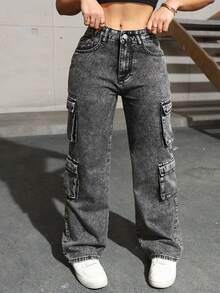 翻盖口袋侧边工装牛仔裤，简约时尚，日常休闲百搭。 - 灰色 - 查看 2