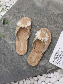 Sandalias de mujer de lino y cuerda, cómodas sandalias de playa bohemias de verano con diseño de girasol trenzado, chanclas de suela blanda EVA de varios colores, sandalias planas tipo chancla para vacaciones de verano - Caqui - Ver 5