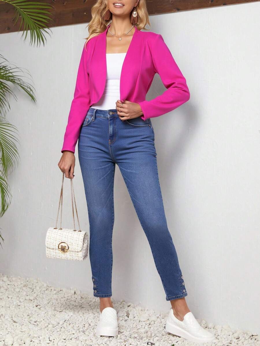 Saco corto dama mujer elegante casual formal frontal abierto manga larga forro a tono calor fresco tela suave ligera día noche trabajo diario calle cómodo básico - Rosa Fucsia - Ver 1