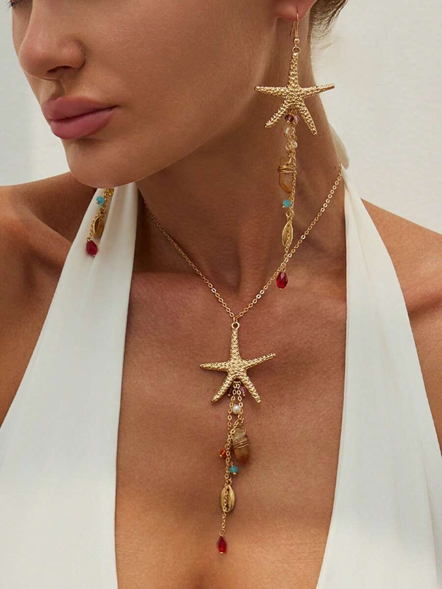 1pc/2pcs/3pcs/Set Ocean Vacation Style Thin Chain Starfish Shell Tassel Pendant Necklace & Earrings, Luxurious Lightweight Vacation Party Women Couple Street Carnival Versatile Jewelry Accessories Gift - Gold - View 1