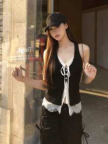 蕾丝边饰无袖修身V领女式休闲黑色夏季上衣 - 黑色 - 查看 5