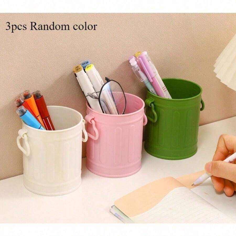 3Pcs Random Color Creative Simple Plastic Pen Holder Large Capacity Student Office Desktop Sundry Storage Box Makeup Brush DIY Storage Container,School Supplies,Back To School - Multicolor - View 1